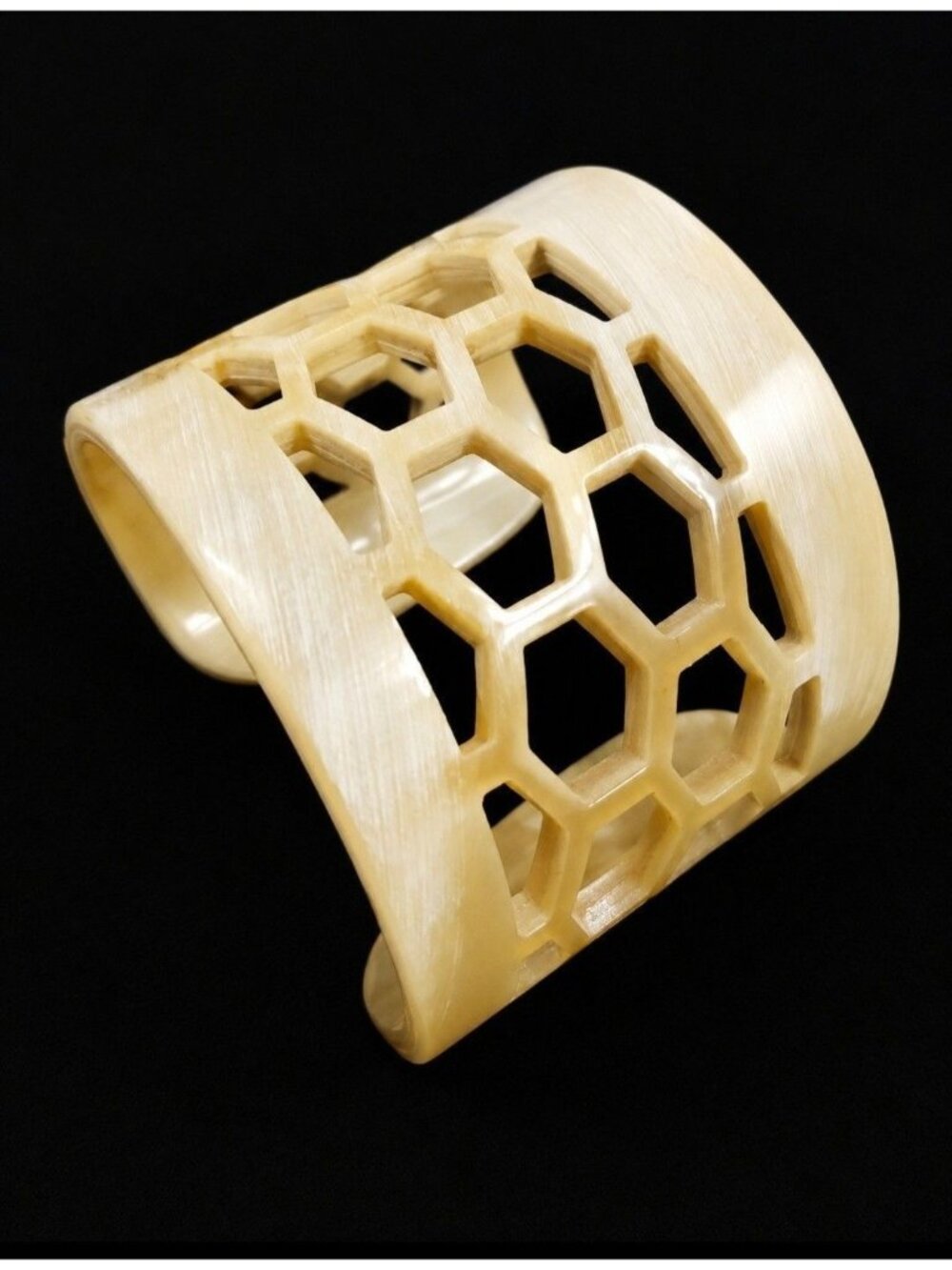 Vintage 1980s Genuine Horn Wide Cuff Bracelet Carved Honeycomb Geometric Stateme